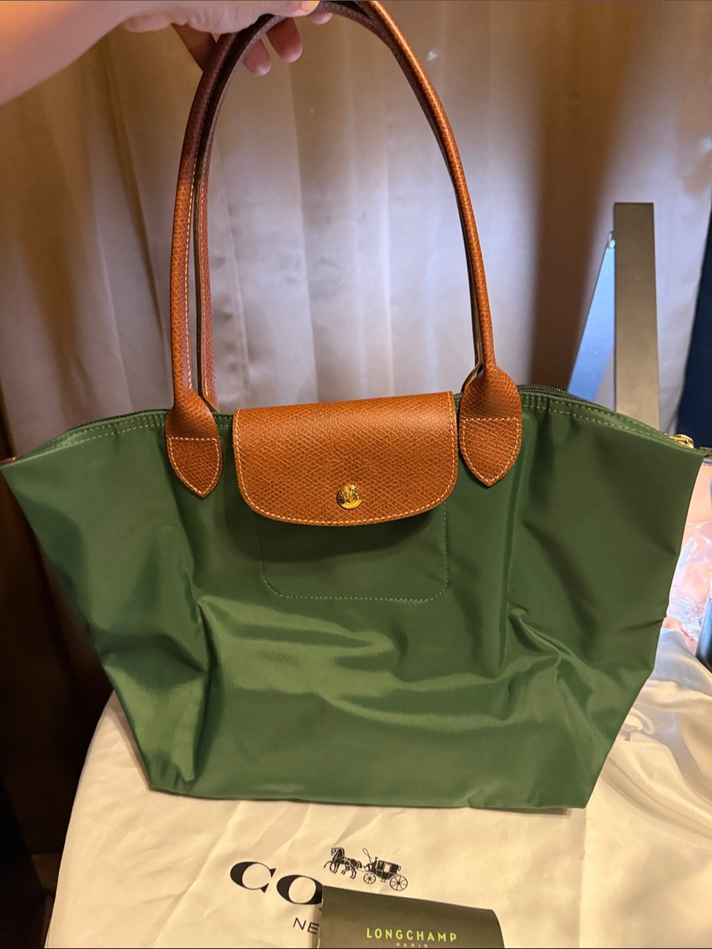Longchamp Green Nylon Tote with Brown Leather Trim